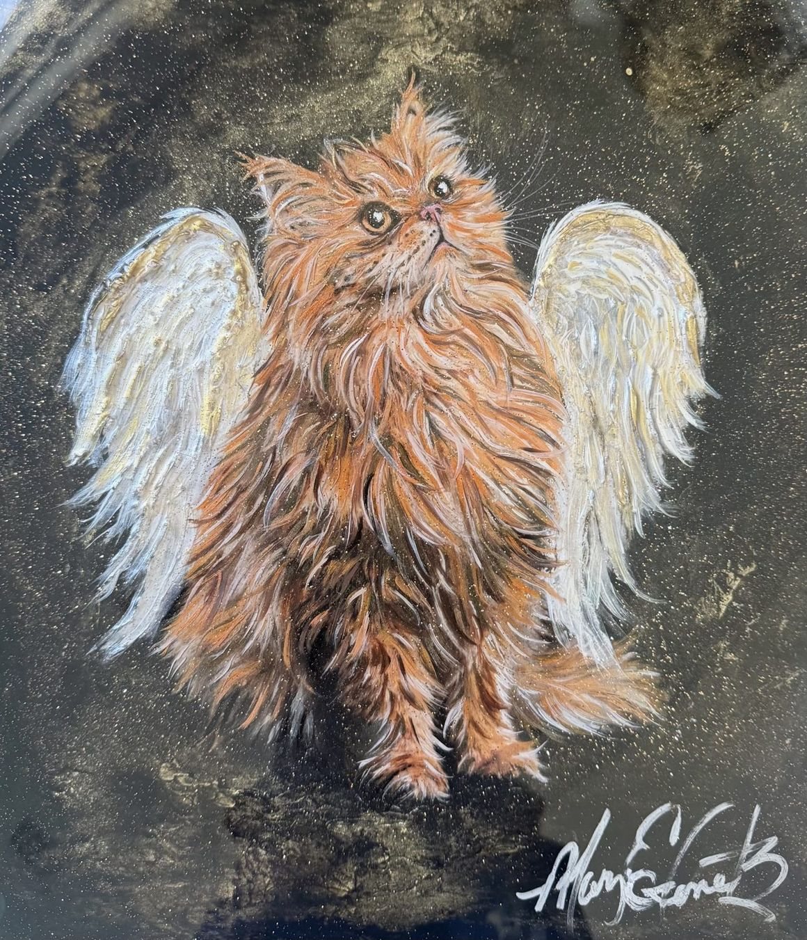 Memorial angel-wing portrait of a ginger cat