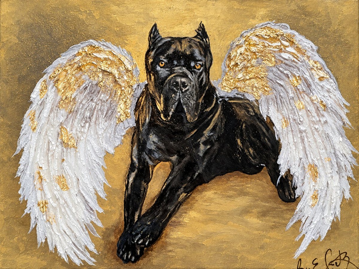 Memorial angel-wing portrait of a black Cane Corso