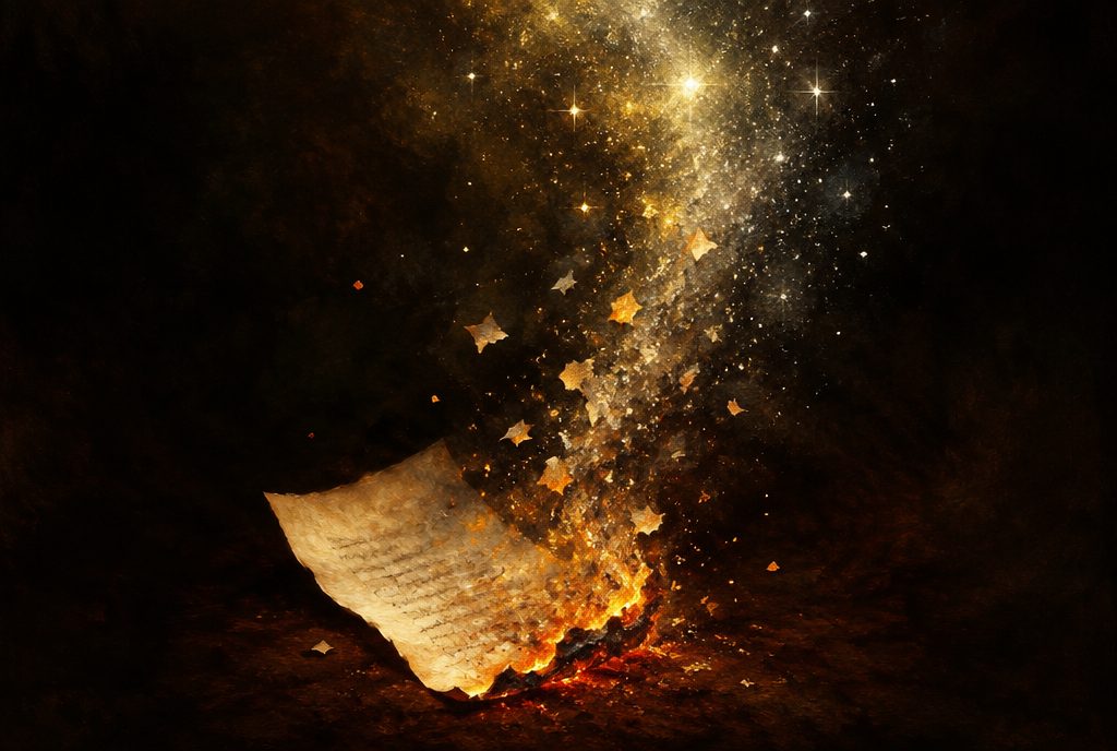 A handwritten page turning to embers, its sparks rising into golden stars
