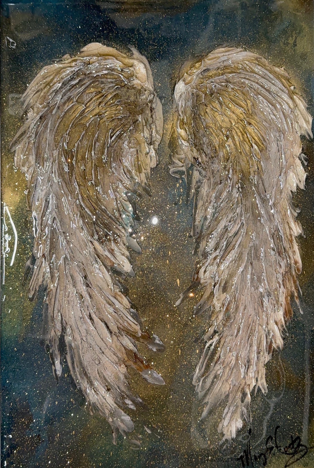 Angel Wings — an original painting by Mary Ellen Ionetz: gold-leaf and champagne feathered wings with a single bright star, on a starlit near-black ground