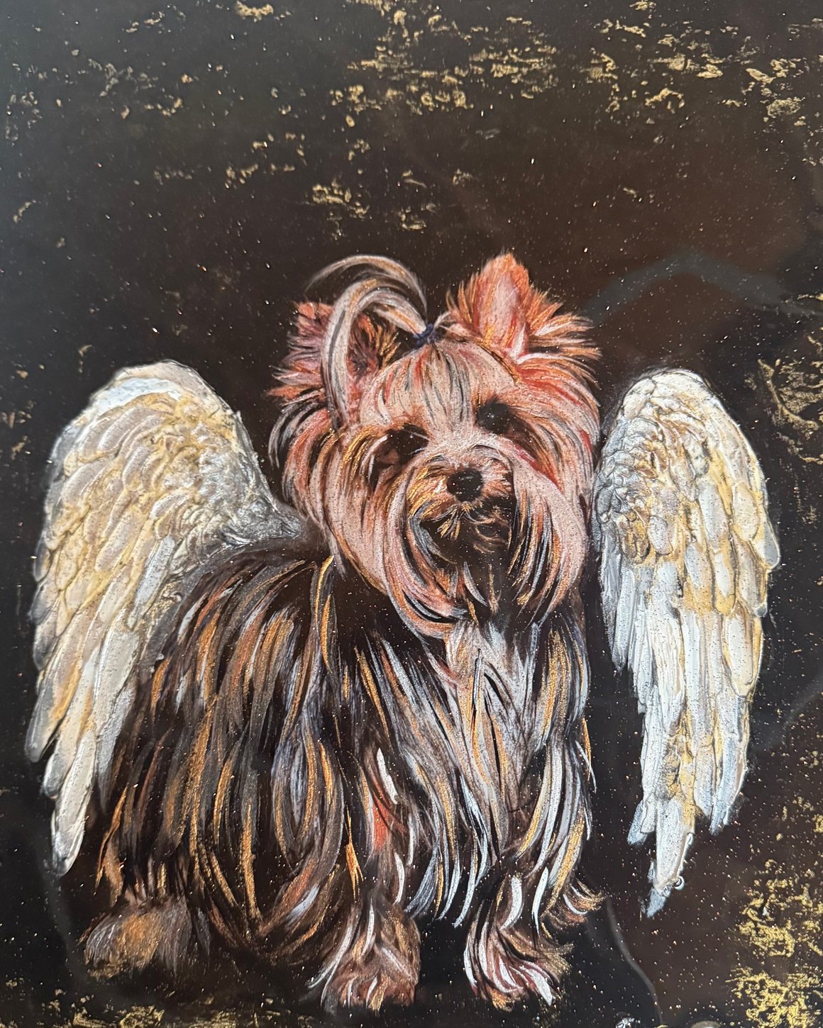 Memorial angel-wing portrait of a Yorkshire terrier